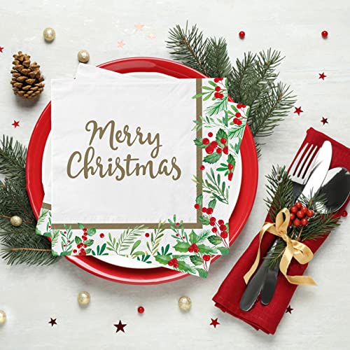 Christmas Party Supplies, Disposable Paper Napkins for Merry Christmas and Holiday Party Decorations, 50 Pack, Seasonal Holly Design – Image 5