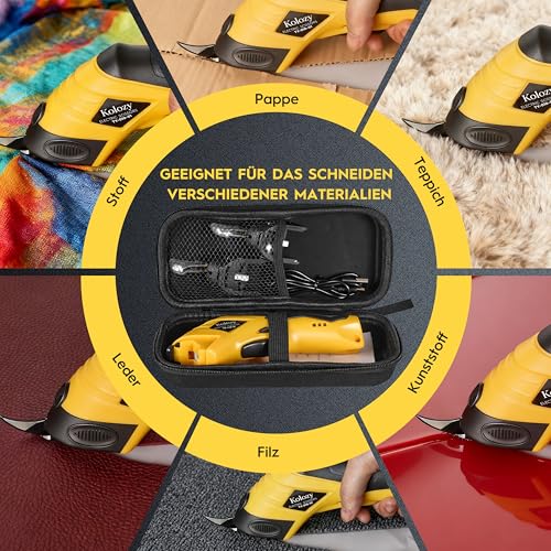 Kolozy Elektrische Schere Kartonschneider 4V, Wiederaufladbare Akkuschere mit 2500mAh Akku, Universalschneider mit 2 Schneidköpfen für Pappe, Karton, Stoff, Teppich Leder Ideal für Recycling & Basteln
