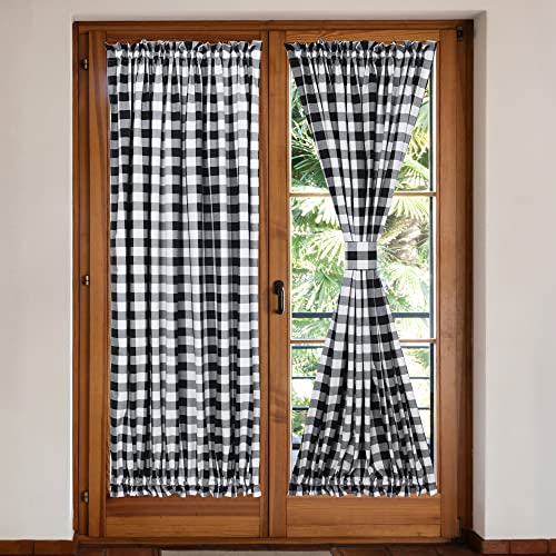 Cortinas de puerta francesas con bolsillo para barra, color blanco y negro, con alzapaños, 54 W x 40 L pulgadas, juego de 2