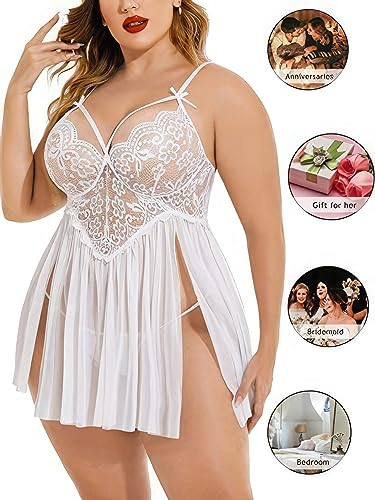 Image of Plus Size Lingerie Lace Babydoll Womens Strap Chemise Nightgown V Neck Nighty Mesh Sleepwear Side Slit Nightdress with G-Sting Panty