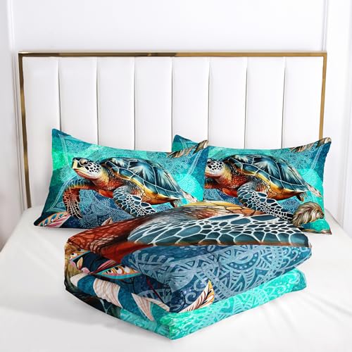 Image of AILONEN Beautiful Sea Turtle Comforter Set Full Size, Ocean Theme Bedding Set for Kids Girls,Aquamarine Blue Duvet Set for All Season,(1 Comforter 2 Pillowcases 3 Piece)