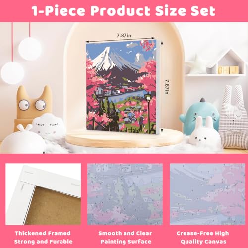 Image of HASTHIP DIY Paint by Numbers Kit for Adults & Kids, Mount Fuji Cherry Blossom Landscape Painting on Canvas, Beginner-Friendly Acrylic Painting Set with Brushes & Numbered Pigments, 20x20cm