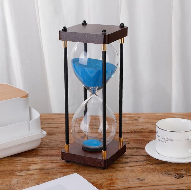 Aartner transparent Hourglass Timer 60 Minutes, Metal Wooden Frame Decorative Hourglass Black Sand, Home & Kids Room Large Gift for Adults and Kids (Blue)