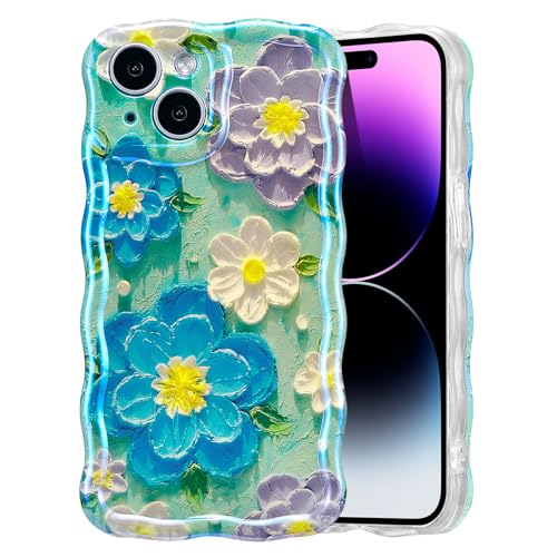 Cadre ondulé coque iPhone 13 peinture huile florale finition brillante bleu violet