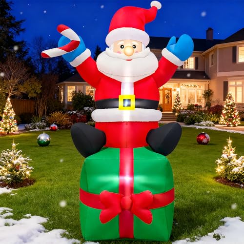 KOOY Papai Noel Inflável de 1,80M para Decoração de Natal Ao Ar Livre, com Caixa de Presentes. Decorações com Luzes de Led Embutidas para Festas de Natal, Jardins e Gramados.