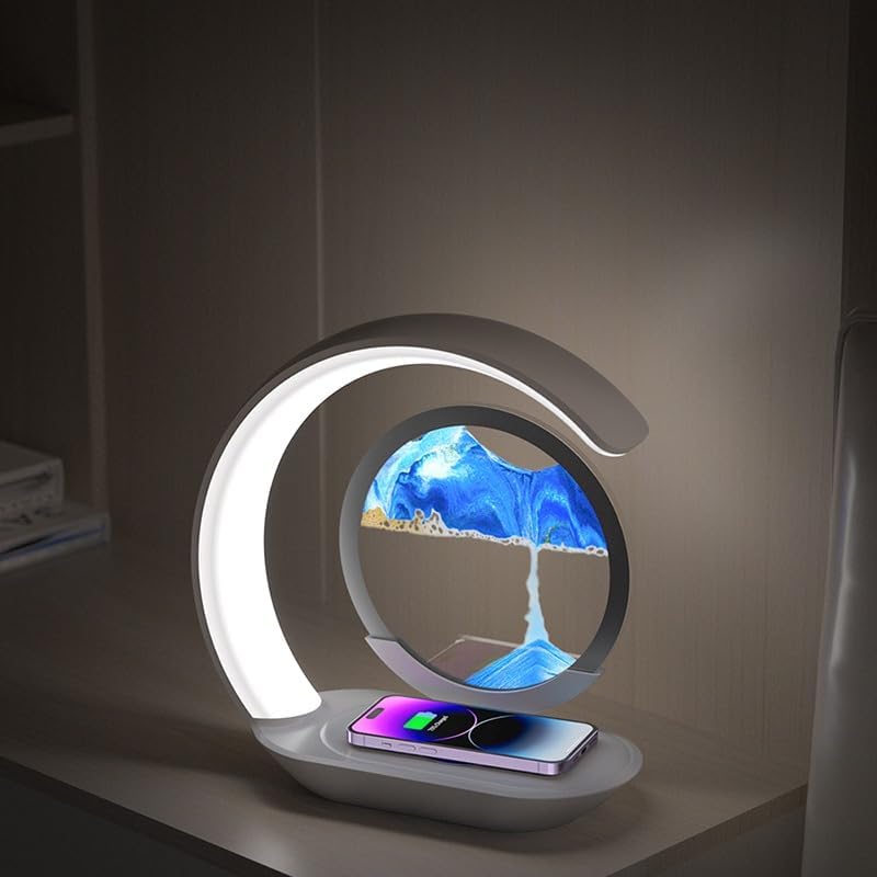 Night Lamp Moving Sand Art - Decor Room Lamp -Wireless LED Light - Moving Lamp with Led Motion - Kids Decoration with Wireless Charge- Hourglass Sand Orange, Modern Table Sand Art