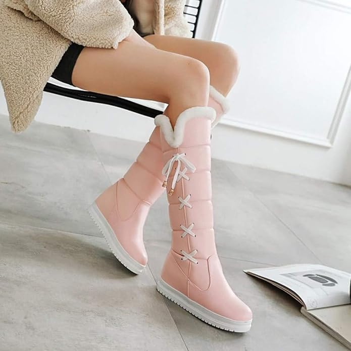 Winter Snow Boots for Women Waterproof Knee High Boots Women Wide Calf Waterproof Cross-Tied Wedges Platform Boots