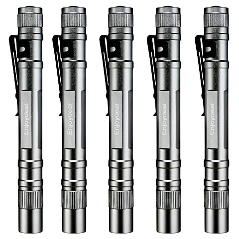 Enjoydeal 5 Pcs Pocket 1200LM LED Pen Silver White Flashlights, Slim Mini Super Bright Penlight for Indoor Outdoor, 5.5inch Cover