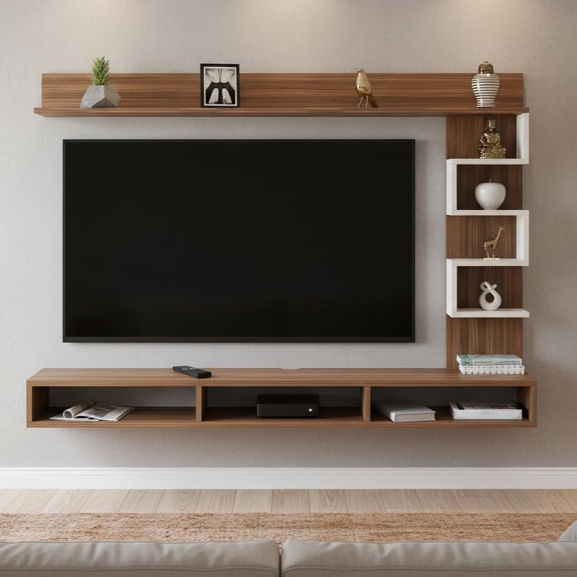 Image of FURNEASER Dettlet Modern Engineered Wood Wall Mounted TV Entertainment Unit for 43 inch TV | Floating TV Cabinet with Open Storage Shelves Racks for Set Top Box, Books & Decor (Exotic Teak & White)