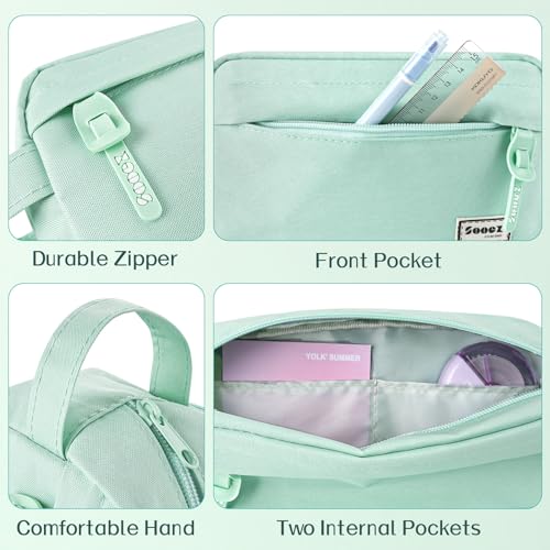 Image of Sooez Original High Capacity Pencil Case, Big Pencil Bag Pouch Box Organizer Pen Case, Aesthetic Supply for Girls Adults, Portable Journaling Supplies with Easy Grip Handle & Loop, Mint Green