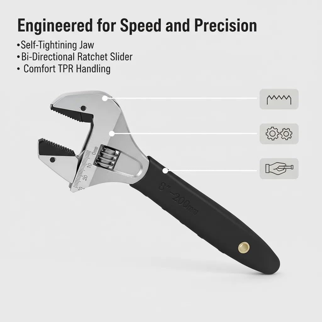 Auto-Lock Self-Tightening Wrench – 8" High Carbon Steel Ratchet Adjustable Wrench, Non-Slip 2-in-1 Tool for Multi-Size Bolts & Pipes, Ideal for Mechanics, Electricians, and Household Use