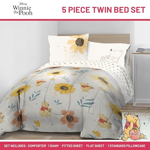 Image of Disney Winnie The Pooh Twin Comforter Set 5 Piece Cartoon Bedding, Beige | Bed in a Bag, Comforter Sheets Sham Pillowcase, Official Product, Soft Microfiber, Machine Washable, Easy Care, Kids Gift