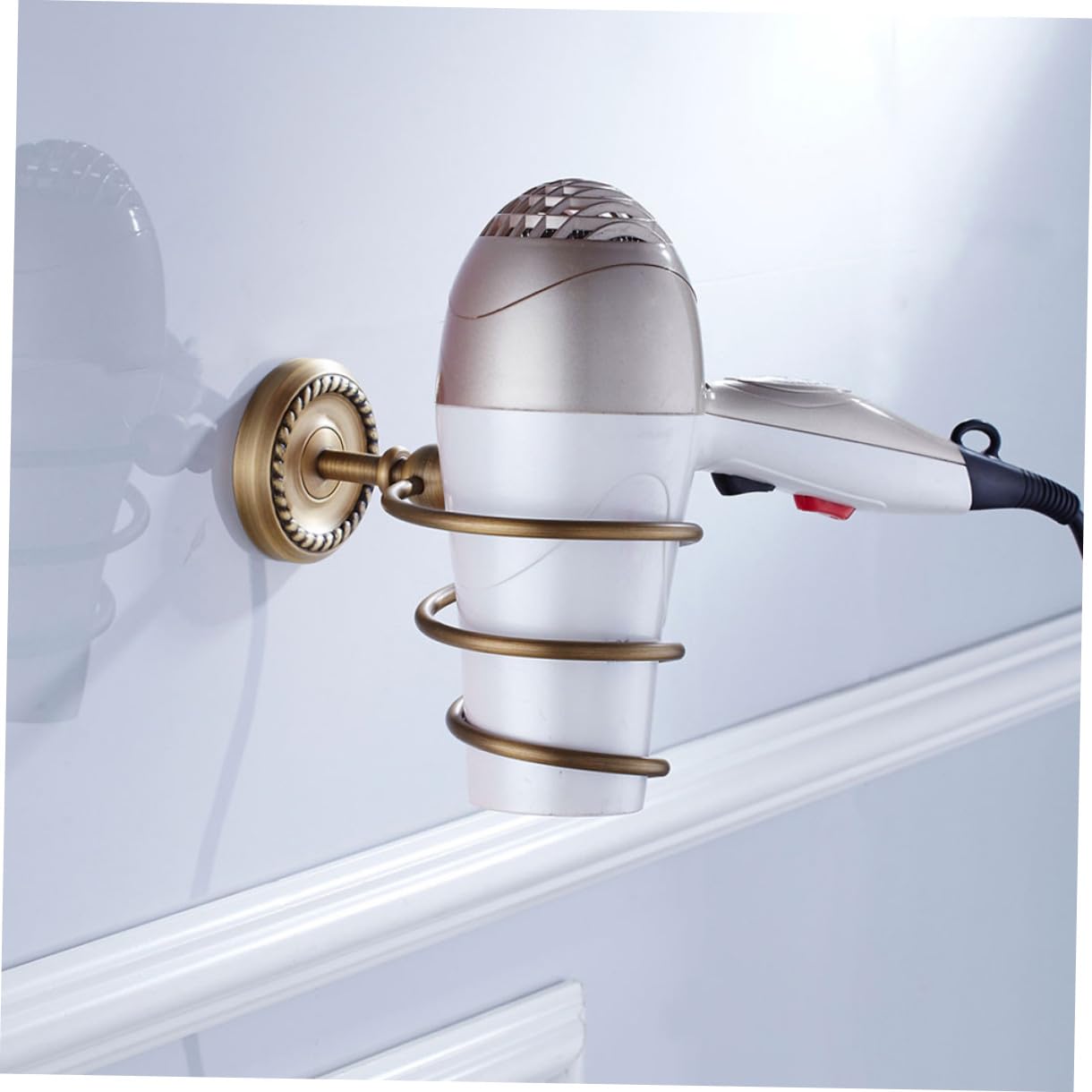 Porta Asciugacapelli da Muro in Ottone Stile Europeo Anticato | Base Rotonda, Spirale Decorativa, Finitura Oro, Adatto a Bagno e Camera da Letto