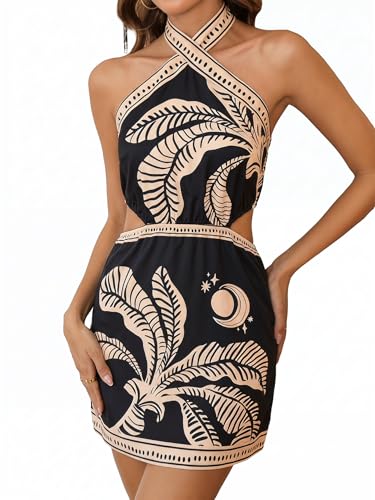 Image of MakeMeChic Women's Boho Mini Dress Summer Beach Vacation Halter Dresses Floral Sundress