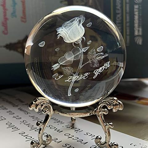 HDCRYSTALGIFTS 3D Carving Rose Crystal Ball Glass Sphere Display Paperweight with Sliver-Plated Flowering Stand,2.4inch(60mm) Cover