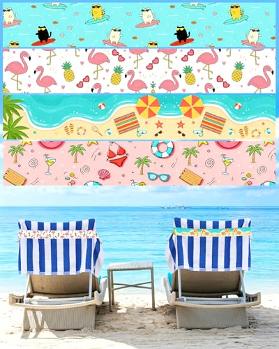 Antfuny 4 Pack Towel Band for Beach Towel Accessories for Pool Lounge Chair Carnival Cruise Ship Essentials 2026 Packing List Vacation Must Haves Women Summer Travel Flamingo Coconut Tree Print Towel