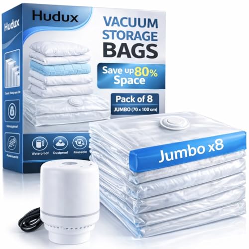 Image of Pack of 8 Jumbo (70x100 cm) Space Saver Bag for Clothes,Blankets,Pillows,Bedding,Vacuum Bags With Electric Pump-Airtight Ziplock Compression Reusable Packing Bags,Storage Bags