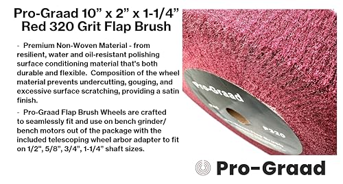 Image of 10 inch x 2 inch x 1-1 /4 inch Red Bench Grinder Polishing Wheel Flap Brush, 320 Grit, Tight Weave, Great for refurb of Golf Clubs and Metal, Non-Woven Wheel for Copper, Metal, Finishing, and Burnishing