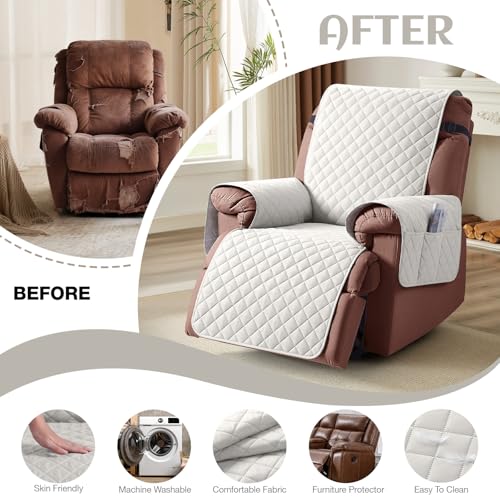 Image of KinCam 100% Waterproof Recliner Chair Cover, Reclining Couch Covers for Pets, Dogs, Recliner Couch Slipcover Furniture Protector with Elastic Straps for Kids(23.6 inch, Beige White)