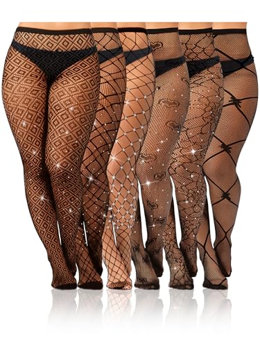 Image of Geyoga 6 Pair Plus Size Rhinestone Fishnets Stockings Glitter Sparkly Tights High Waist Black Fishnet Pantyhose for Women