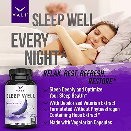 Sleep Well Natural Sleep Aid Supplement - Vegan Non Habit Forming Herbal Sleeping Pills for Adults. Calm, Relax Fast, Support Rest & Wake Refreshed. Melatonin, Valerian, Chamomile - 60 Veggie Capsules
