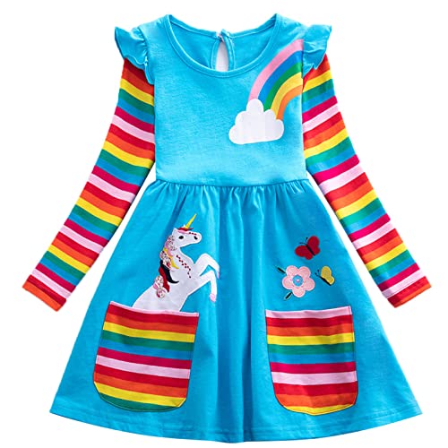Cotton Toddler Girls Dress Flower Rainbow Outfits Short Sleeve Unicorn Dresses 2-7 Years