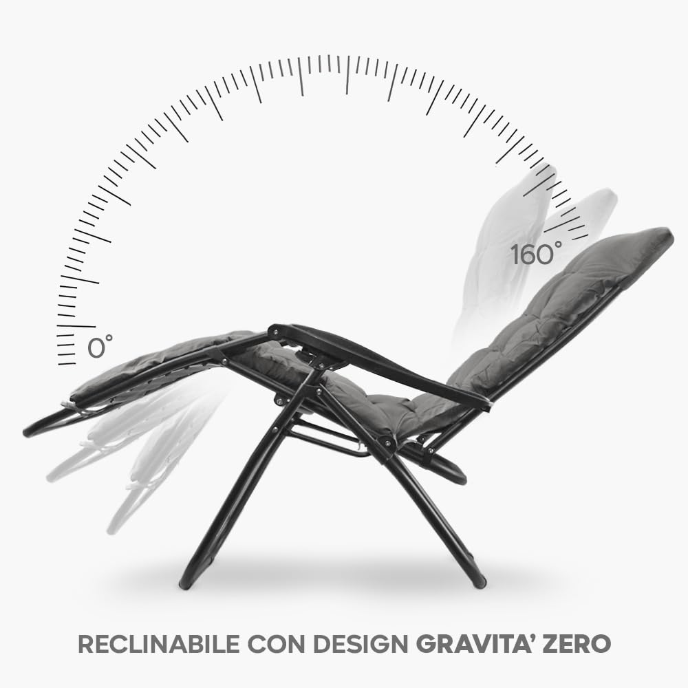 Mediawave Store - Sedia Sdraio Gravità Zero, Sedia Pieghevole con Cuscino Imbottito, Sedia con Schienale Reclinabile, Sedia Giardino, Acciaio, Textilene, Richiudibile, Sedia Gravity (1, Grigio)