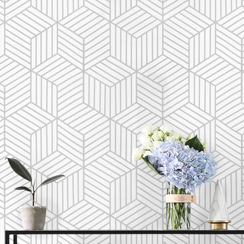 CiCiwind White and Silver Peel and Stick Wallpaper Geometric Striped Hexagon Wallpaper Removable Self Adhesive Wall Paper Waterproof Vinyl Contact Paper for Bedroom Bathroom Walls 17.7'x472'