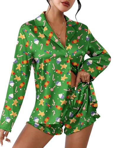 Image of Ekouaer Womens Satin Pajama Sets Long Sleeve Top and Shorts Lounge Set Button Down Sleepwear