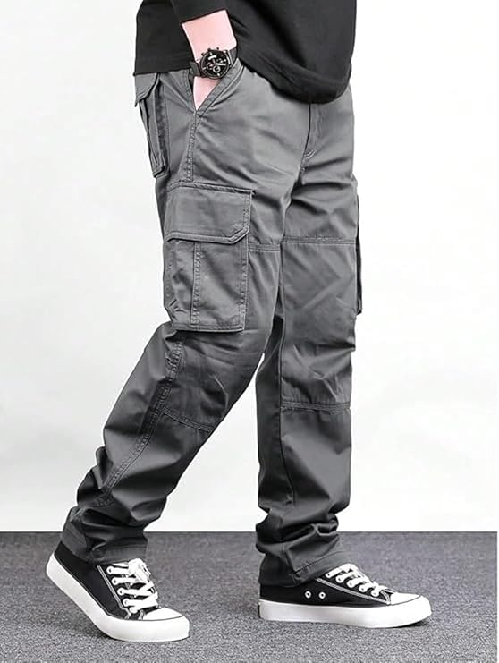 Image of Men's Cotton Cargo Pants for Men | Relaxed Loose Fit Drawstring Waist Cargo Trousers | Multi Pocket Casual Utility Pants for Outdoor, Travel