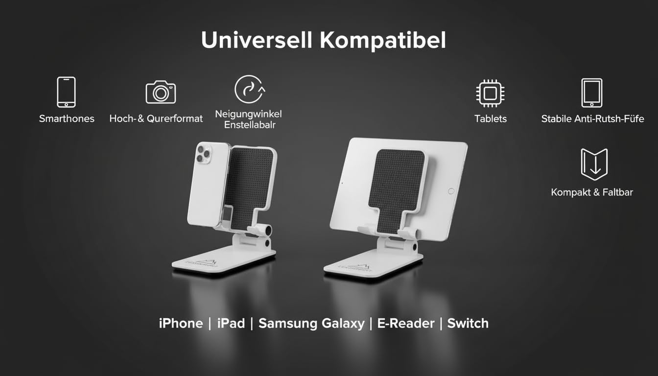 Phone Stand Pro – Faltbare Smartphone Halterung für Schreibtisch & Reise – Extrem stabil, rutschfest & Kompatibel mit iPhone, Samsung, Google & Tablets – Ideal für Videocalls & Home-Office