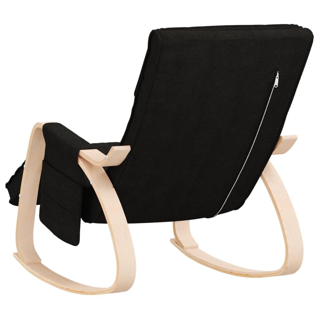 Sedia a dondolo in tessuto nero con struttura in legno massello di betulla, seduta e braccioli imbottiti, 67 x 80 x 88 cm, sedia relax per soggiorno, camera da letto, cameretta dei bambini