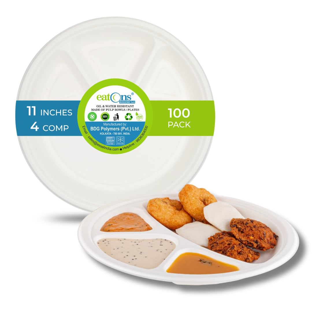 - 11 inch 4-Compartment Bagasse Disposable Plates [100 Pack] I Eco Friendly Biodegradable Compostable Sugarcane Paper Plates | Serve Snacks & Dinner I Birthday, Wedding, Party I Round I White