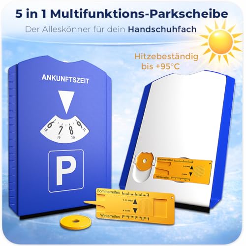 ROBBX® Parkscheibe mit Eiskratzer für Auto und Motorrad | Parkuhr inkl. Reifenprofilmesser und Einkaufswagenchip | Parkscheiben | Parking Disc
