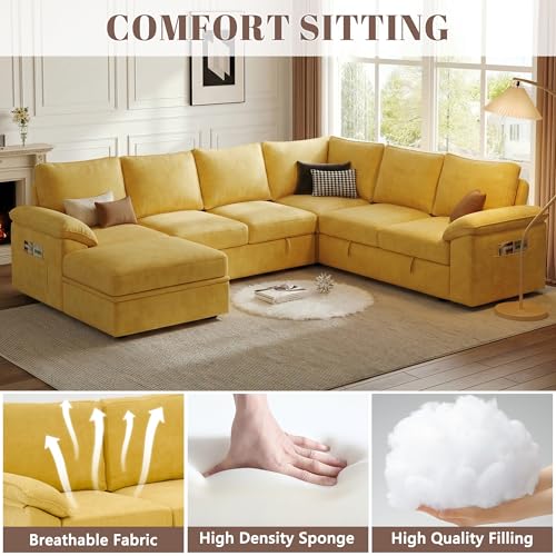 Image of 108 Inch Modular Sectional Sofa with Pull Out Bed,U Shaped 7 Seat Sectional Sleeper Sofa with Storage,Sectional Couches for Living Room,Cloud Modular Couch,Removable Sofa Cover,Yellow