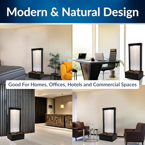 Image of Alpine Corporation MLT170S 48 inch Indoor Outdoor Waterfall Fountain with LED Light Modern Glass & Aluminum Black Wall Water Feature for Home, Patio, Garden Decor Soothing Cascading Indoor Water Fountain