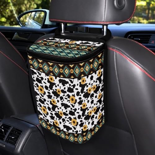 Image of Tribal Aztec Cow Print Car Trash Bin Interior Accessories Portable Leak Proof Vehicle Garbage Cans Bag for Back Seat Washable Mini Car Trash Cans