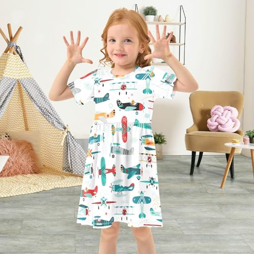 Aflyko Girls Short Sleeve Dress Cartoon Jet Plane Airplane Toddler Everyday Dresses4