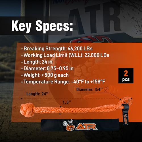 Image of Soft Shackle 66,200 Lbs - 3 /4 inch x 24 inch (2 Pack, Orange) UHMWPE, Synthetic Rope, Recovery Shackle, Heavy Duty Off-Road Recovery Gear for Towing, Winch, Jeep, Truck, ATV, UTV