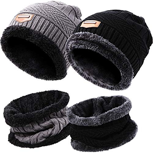 Winter Beanie Hat Scarf Set Fleece Lined Skull Cap and Scarf Unisex, 4 Pieces (Black and Grey)