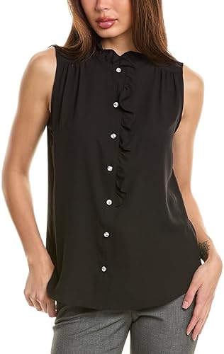 Anne Klein Col à Volants sans Manches boutonné pour Femme, Asphalte, Taille L