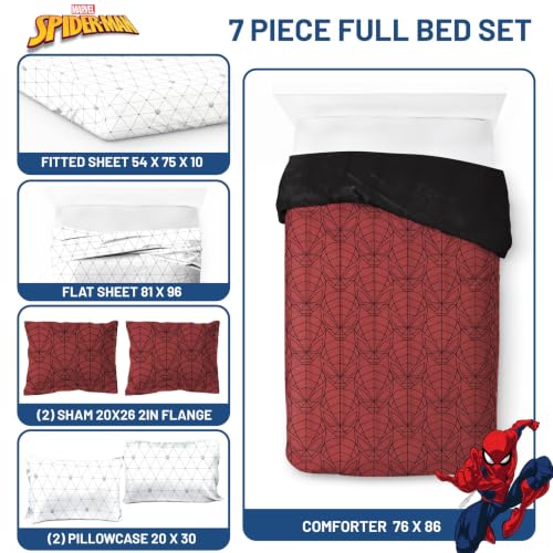 Image of Marvel Spiderman Full Comforter Set 7 Piece Bedding for Boys, Red