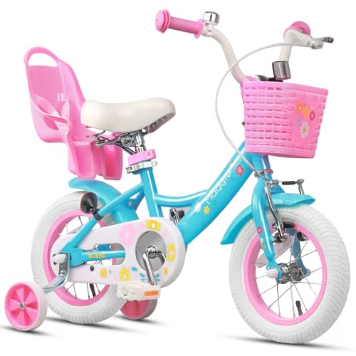 Glerc Maggie Girls Bike, 14 Inch Kids Bike for 3-5 Years Old Children, Princess Style Kids Bicycle with Doll-Seat & Basket & Training Wheels, Blue