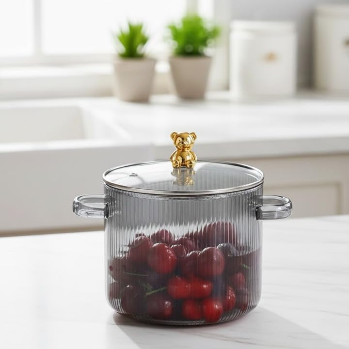 Fluted Glass Cooking Pot 2.6 LTR. Heat Resistant Flame Safe Cookware Stovetop for Pasta Noodle Clear Uncoated Induction Plate Direct Set stovetop... - Image 2