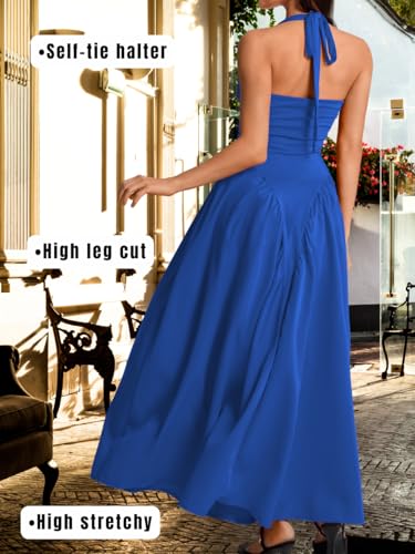 Image of ChiaoLezhee Deep V Neck Dress, Halter Maxi Dresses, Vacation Date Night, Sexy for Women Corset Flowy Wedding Guest Drop Waist
