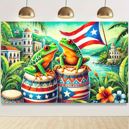 Image of BlissYard Puerto Rico Banner 71 x 43 Inches Tropical Frog Drum Flag Backdrop Puerto Rican Festival Party Decoration Caribbean Culture Wall Hanging for Fiesta Parade Home Outdoor Decor