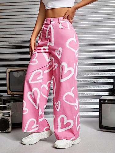 WDIRARA Women's Heart Print Button Front Trousers High Waisted Wide Leg Pants with Pocket4