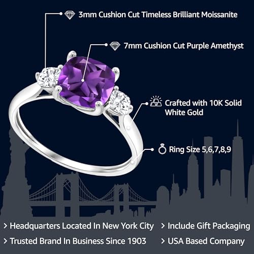 Gem Stone King 1.66 Cttw 10K White Gold Purple Amethyst and White Moissanite 3-Stone Engagement Ring | 3 Stone Wedding Anniversary Promise Ring For Women | Size 5,6,7,8,92