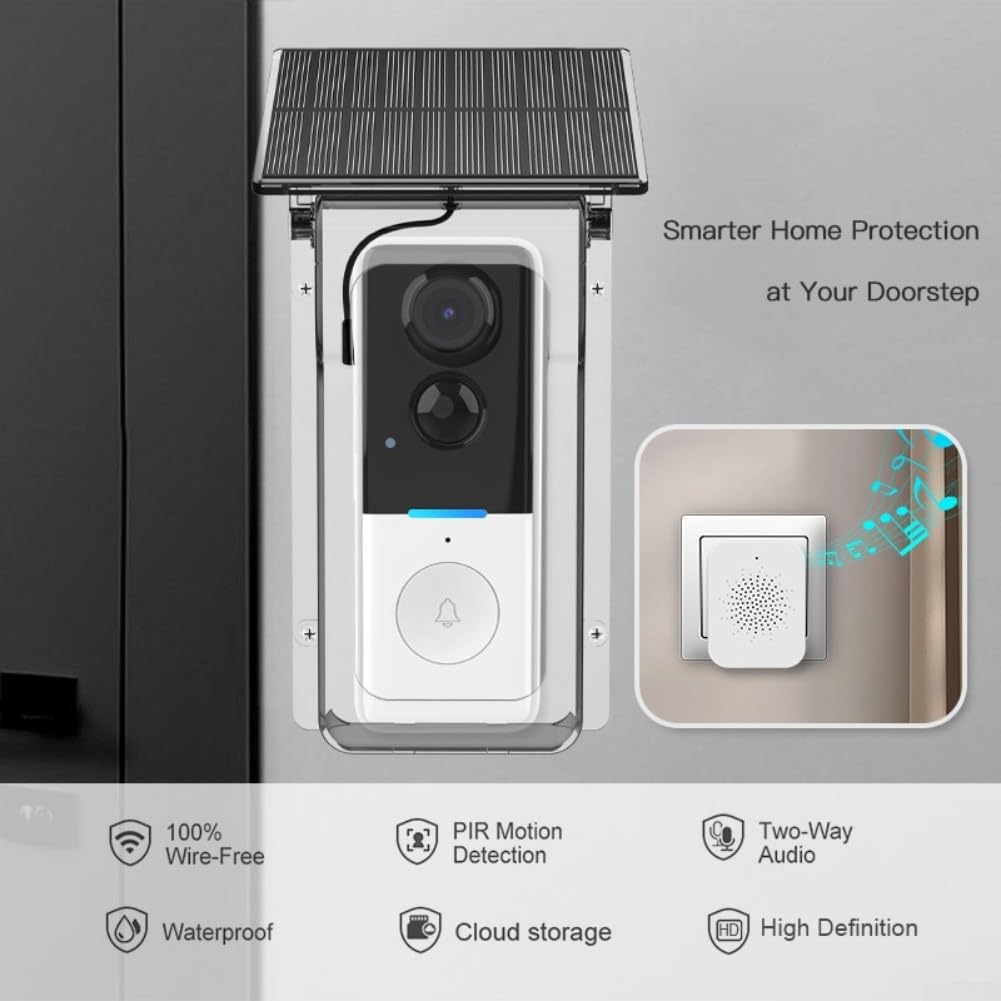 Per Tuya 1080P Wireless Solar Campanello Camera, Smart Video Citofono con Rilevazione di Movimento e Design Resistente alle intemperie per la Sicurezza Domestica (Bianco)