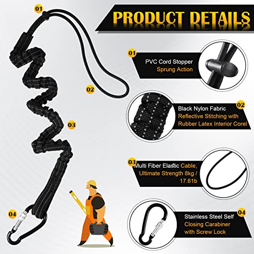 12 pack tool lanyard with single metal buckle and adjustable loop end standard length maximum weight limit 8kg 176lb with aluminum screw lock retractable shock cord stopper black